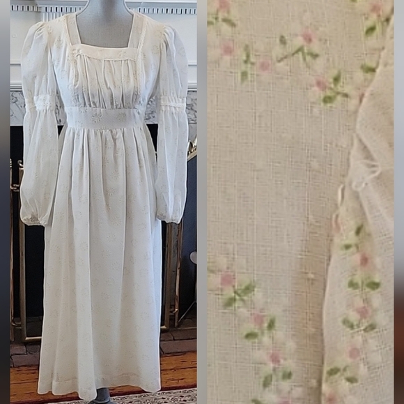 Vtg 70's Swiss Dot Peasant Dress - Picture 1 of 12